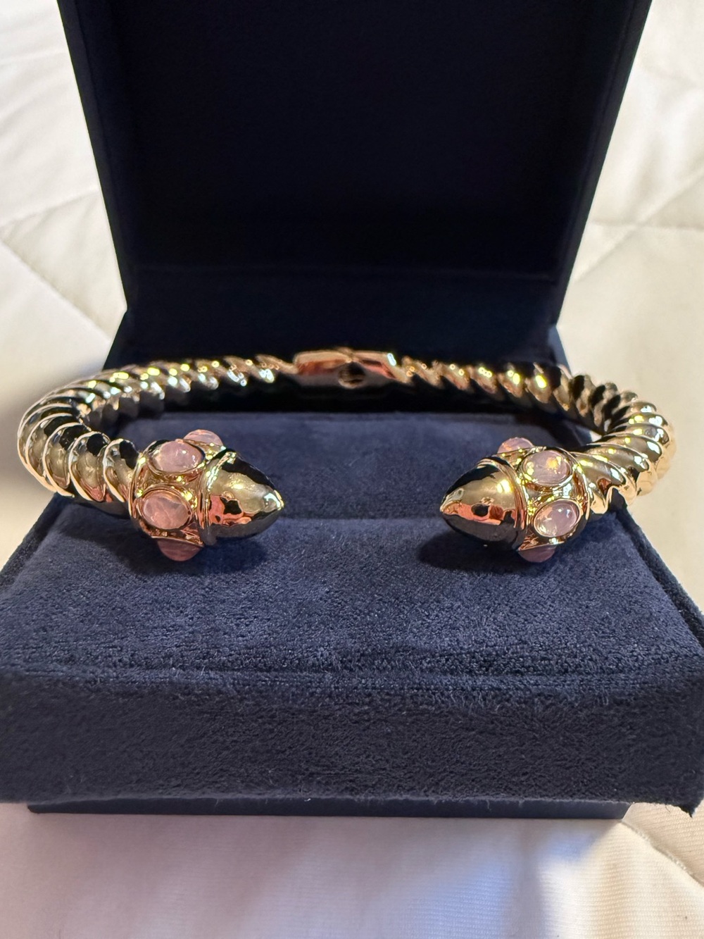 Gold Plated Twisted Open Cuff Hinge Bracelet with Pink Stone Accents NWOT